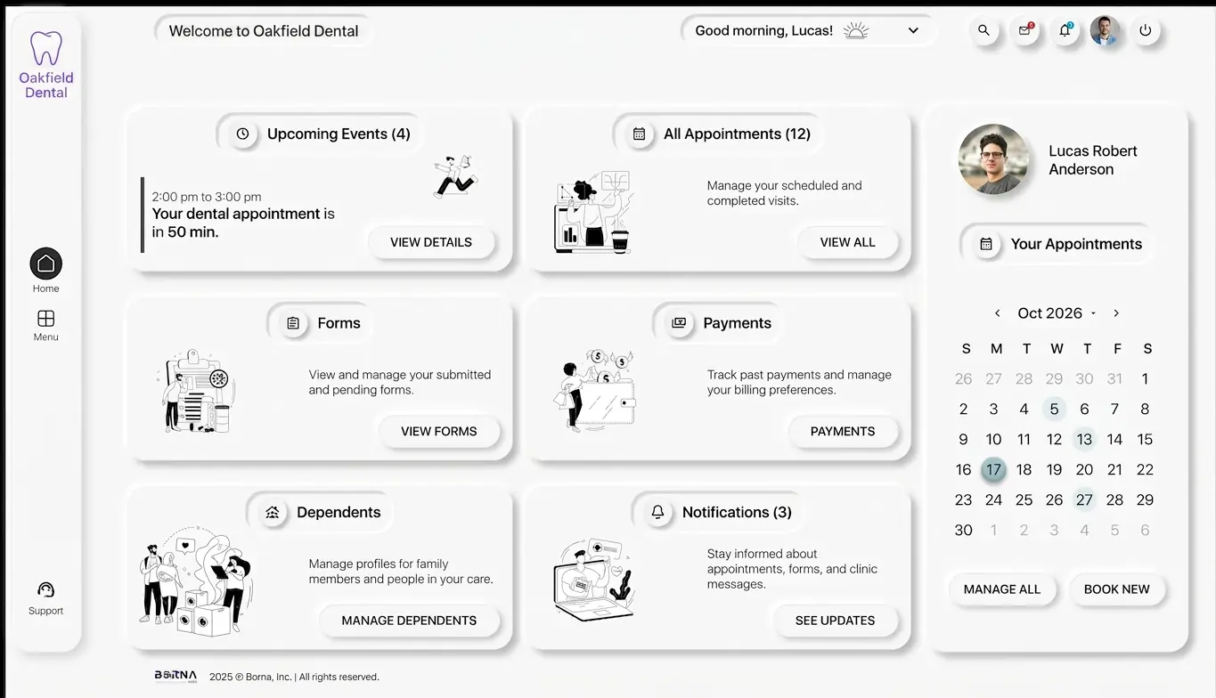 Borna Care patient portal — booking, forms, payments, communication